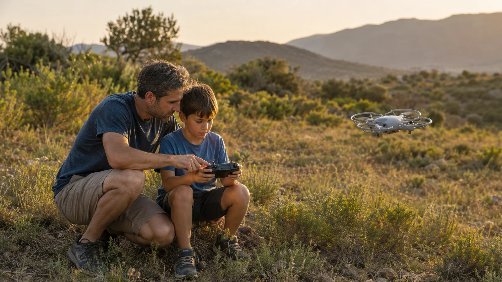 Adulto enseñando a un menor a preparar su primer vuelo con un mini dron