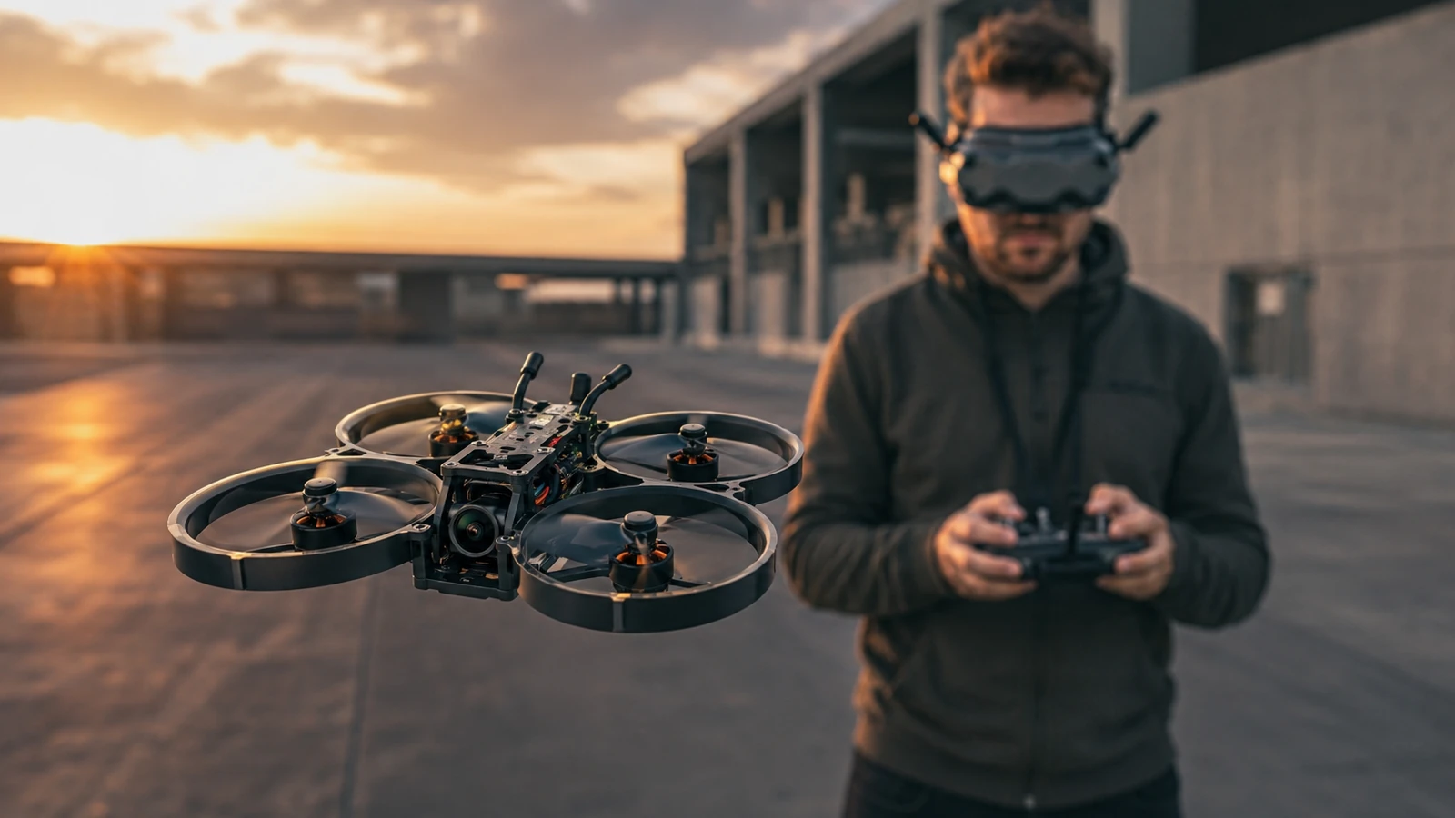 Piloto adulto con gafas FPV y dron cinewhoop
