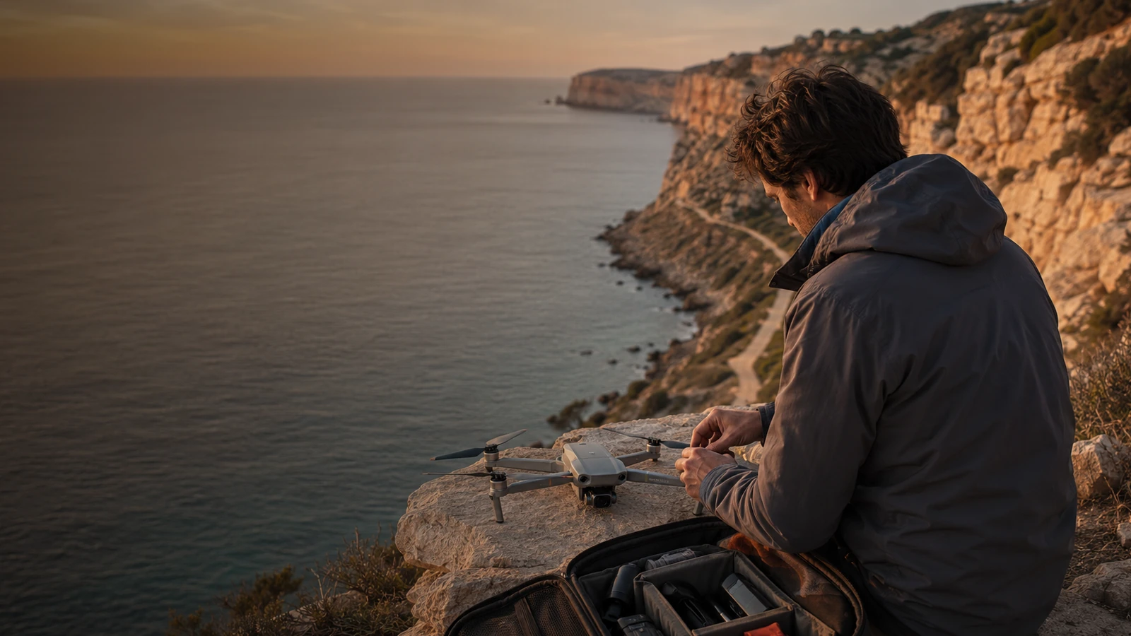 Piloto preparando un dron plegable ante la costa mediterránea al amanecer