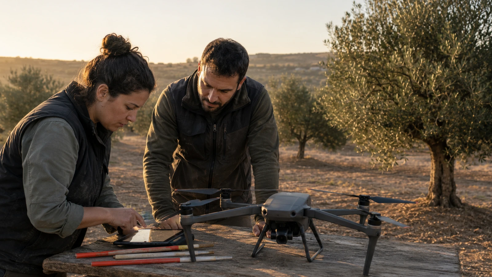 Equipo profesional preparando un dron para cartografía en un entorno agrícola
